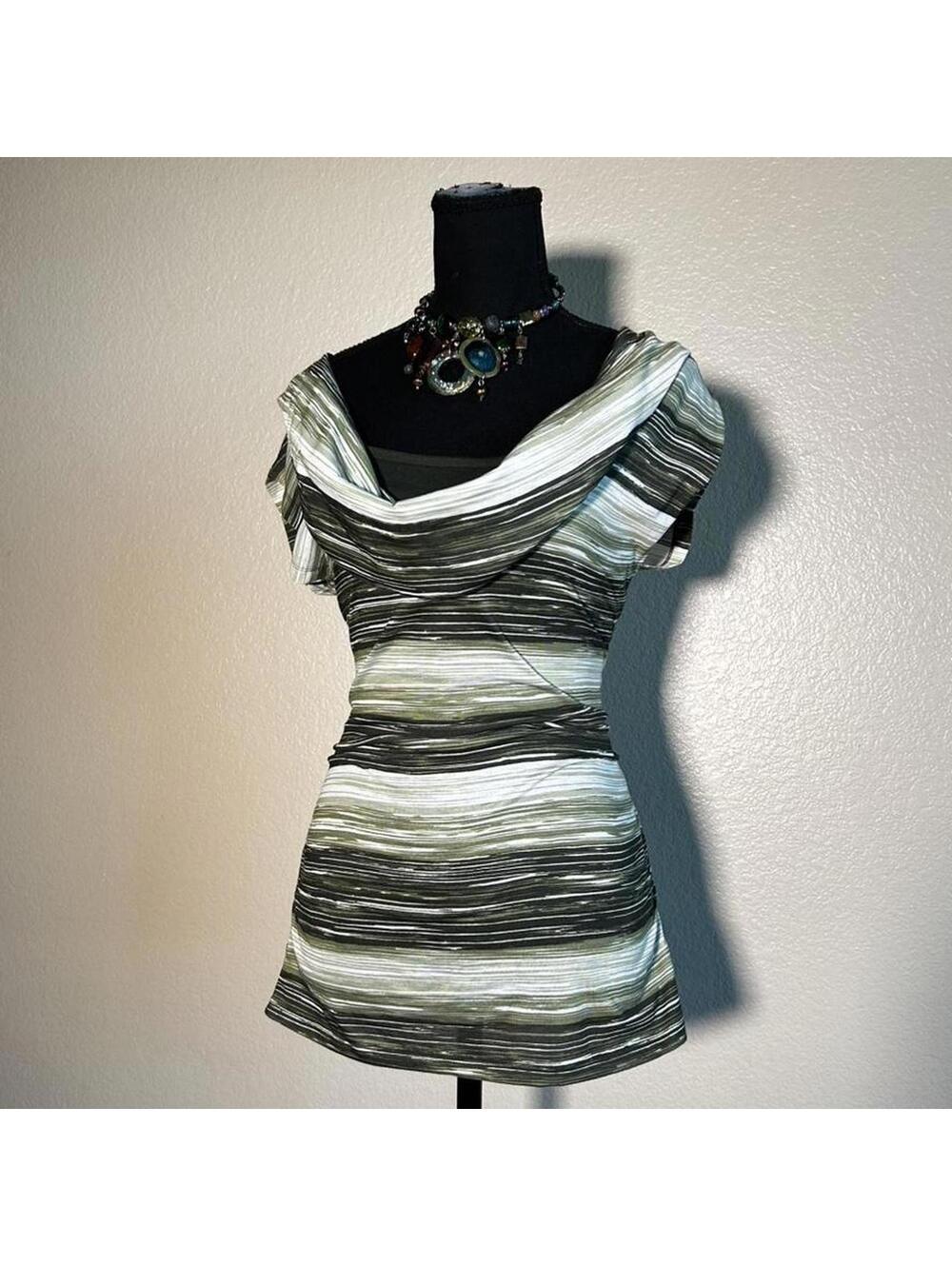Y2K Olive Green Boho Cowl Neck Top Abstract Striped Fitted Draped Shirt